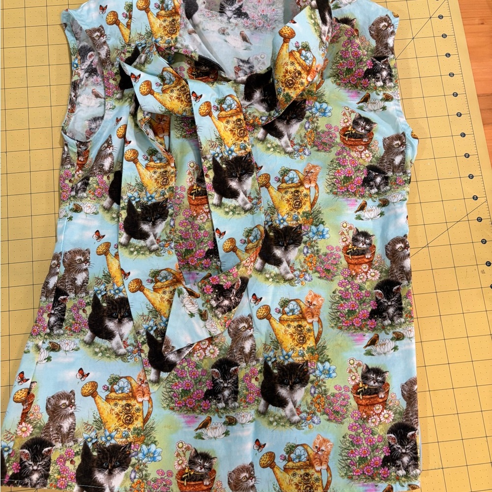 Retrolicious Cat Print Top with Floral Accents
